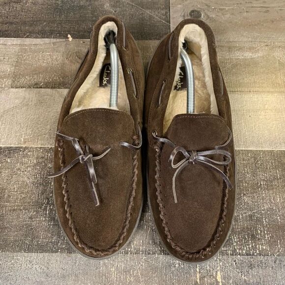 Clarks Bruno Suede Moccasin Faux Fur Slippers Dark Brown 22SH-0011 Mens Size 12M - Picture 5 of 10